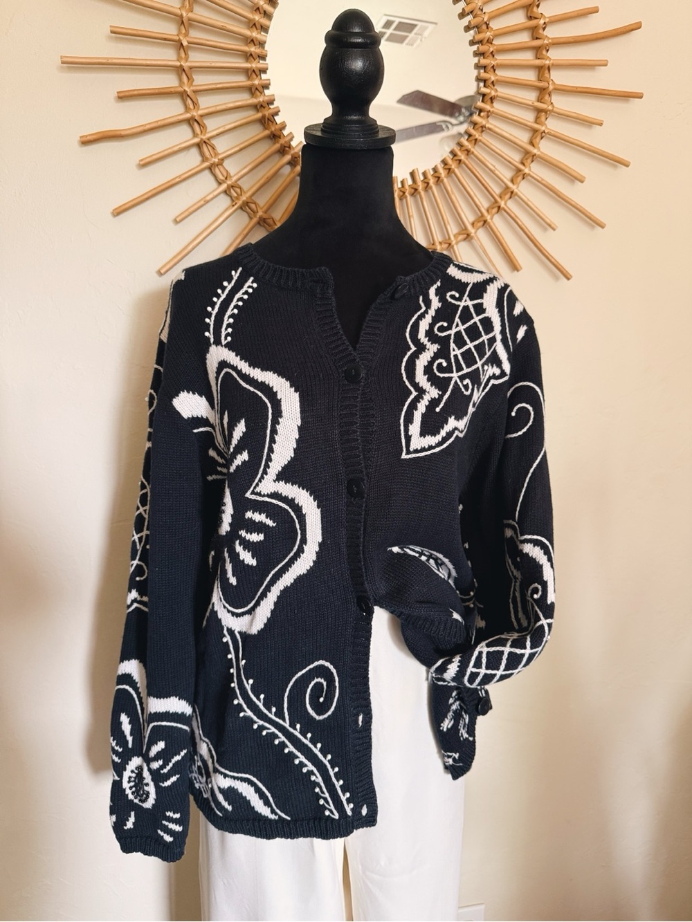 Black and White Floral Knit Cardigan Sweater - Women's